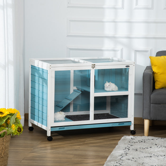 Pawhut Clapier D'interieur Pour Lapins Avec Roues, Cage Pour Lapins, Maison Pour Cochons D'inde, Habitat Pour Petits Animaux Avec Acces Par Le Haut, Rampe, Plateau Coulissant, Bleu