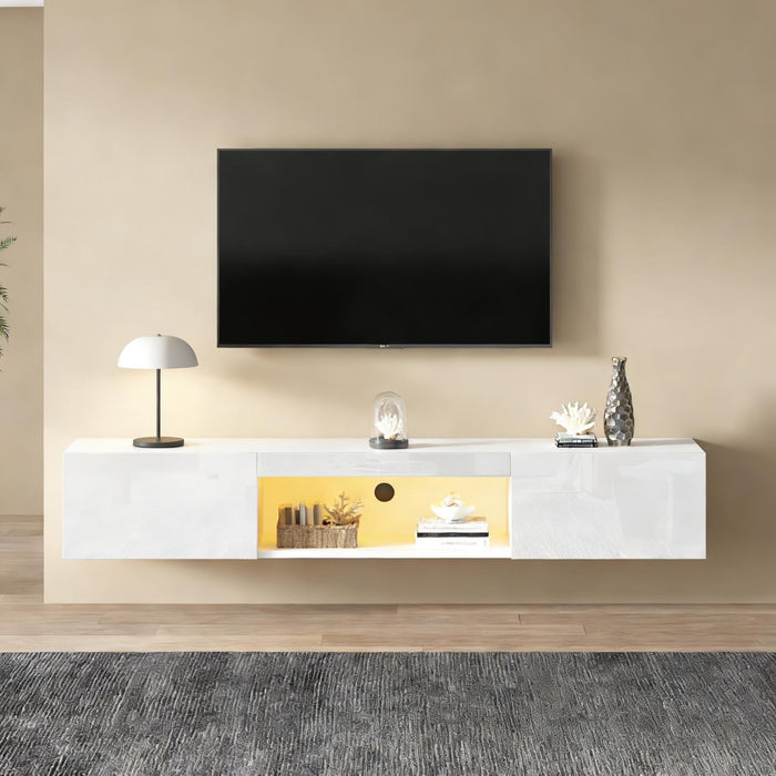 Evan meuble TV mural flottant – meuble avec eclairage LED et portes de rangement, blanc