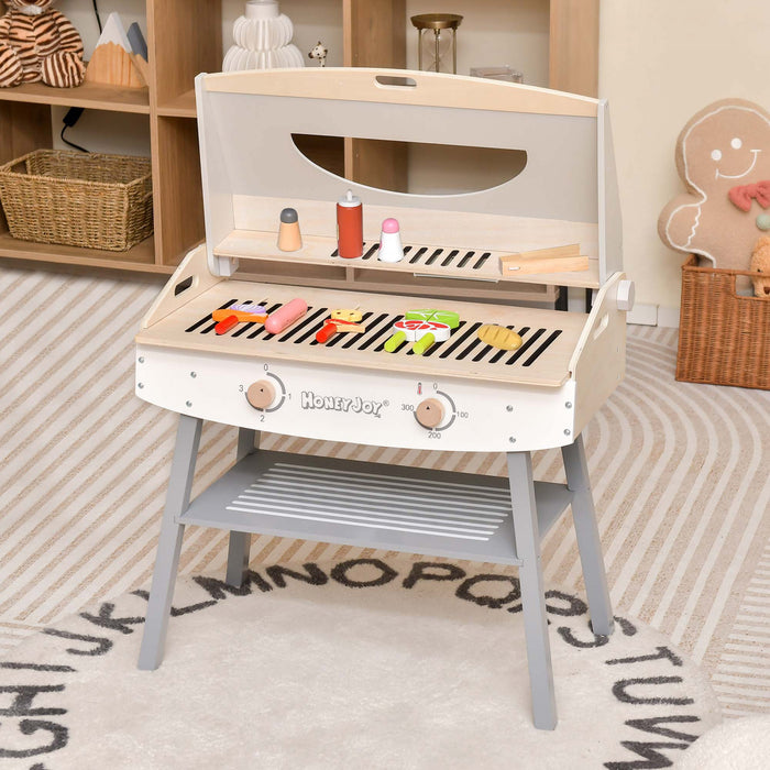 Ensemble De Barbecue De Jeu En Bois Pour Enfants, Barbecue Jouet Bbq Avec 17 Ustensiles De Grill En Bois Et Nourriture De Jeu, 4 Pieds En Bois Massif, Jeu De Cuisine D'imitation Pour Usage Interieur Et Exterieur, Cadeau Pour Garcons Et Filles De Plus De 3 Ans