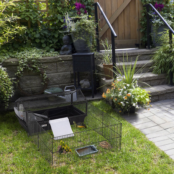 Cage Pour Huche A Lapins En Metal Pawhut Maison Principale Huche Pour Cochons D'inde Hangar Pour Petits Animaux Avec Roues Et Freins Pliable Grand Enclos Detachable Noir (34,75\" L X 50,5\" L X 22\" H)