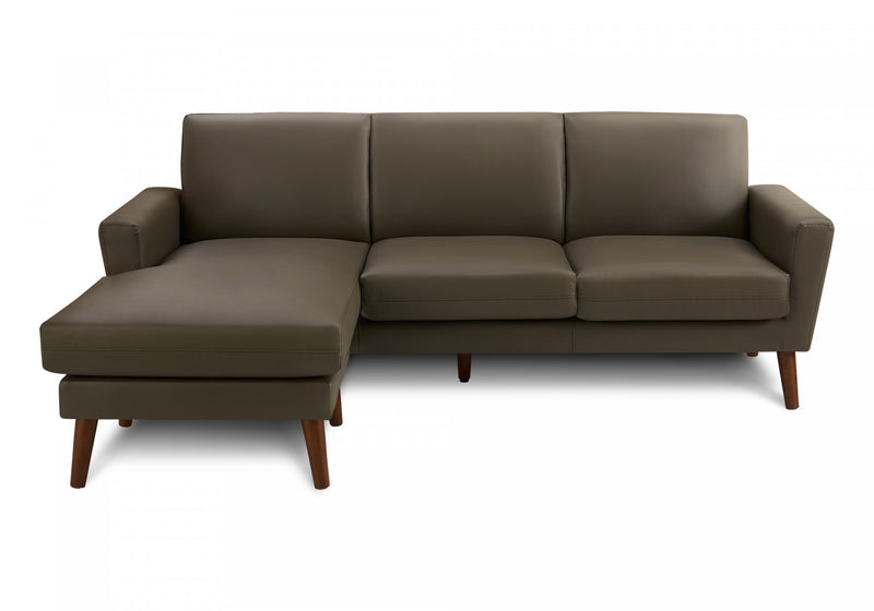 Sofa Chaise Longue Rembourre, 85\"L, Aspect Cuir Marron Fonce, Pieds En Bois Massif