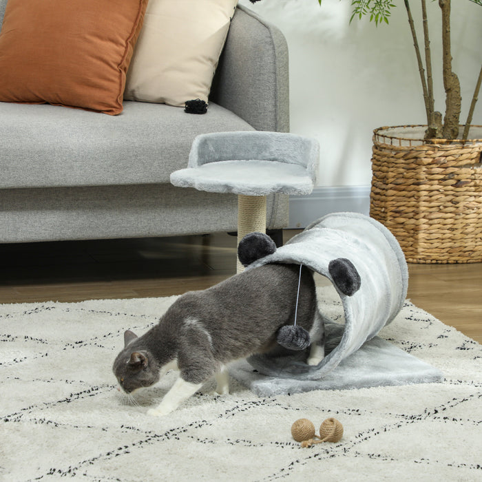 Arbre A Chat Pawhut De 47 Cm, Petite Tour A Chat Avec Tunnel, Griffoir, Lit Moelleux, Balle Suspendue, Centre D'activites Compact Pour Chatons, Gris
