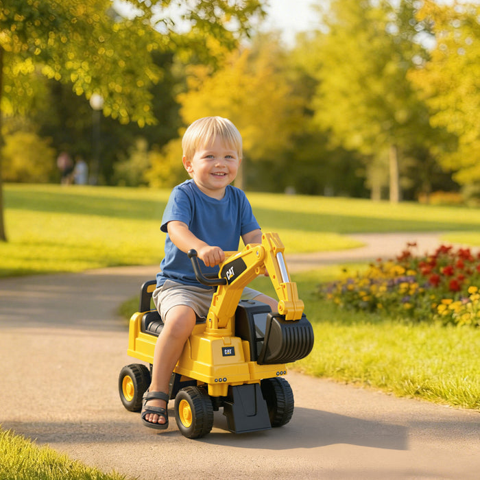 Aosom Pelleteuse portative pour enfants, sous licence CAT - Jouet a pedales manuel avec pelle manuelle, klaxon, rangement cache, pour garcons et filles de 18 a 36 mois, jaune