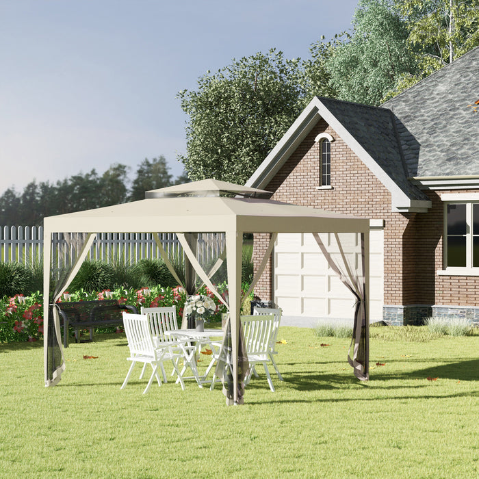 Outsunny Tente D'auvent 10' X 10', Tente Partielle Avec Filet En Maille Et Toit A Deux Niveaux Pour Jardin, Terrasse, Exterieur, Beige
