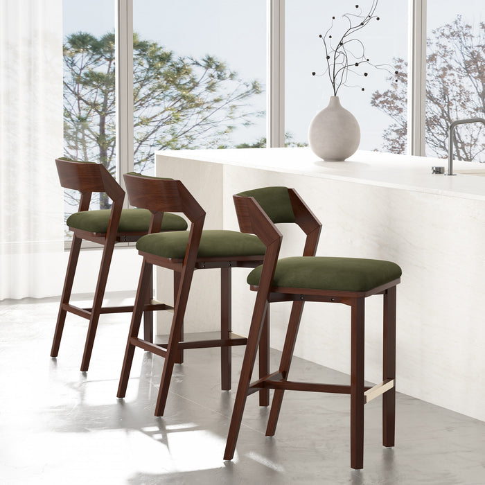 Tabouret de bar moderne en bois Patricia avec revetement en tissu vert tortue - Lot de 3