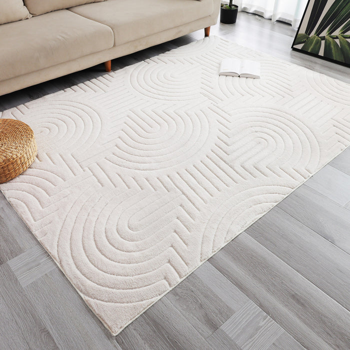 Tapis Lavable A Poils Longs En Velours Creme A Motifs Circulaires 8'x10'