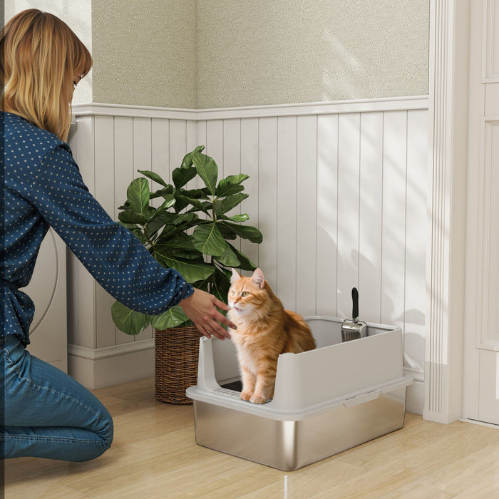 Xl Stainless Steel Cat Litter Box With High Wall Side, Scoop