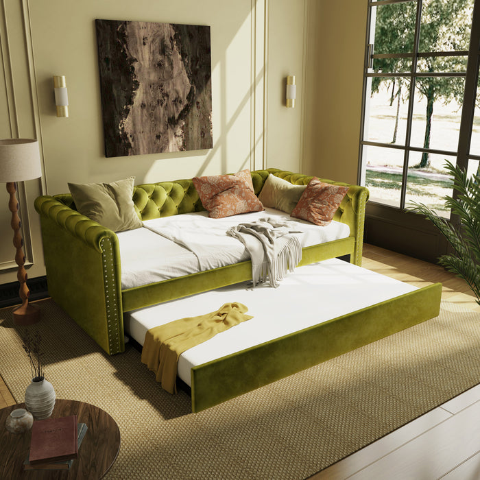 La Sophia Daybed avec design capitonne, revetement en tissu, lit d'appoint avec trundle et dossier confortable, couleur verte