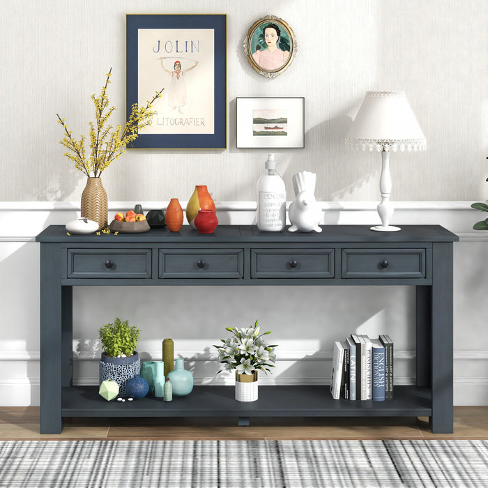Table Console Gracie En Bois Massif Avec Tiroirs Et Etagere - Bleu Marine