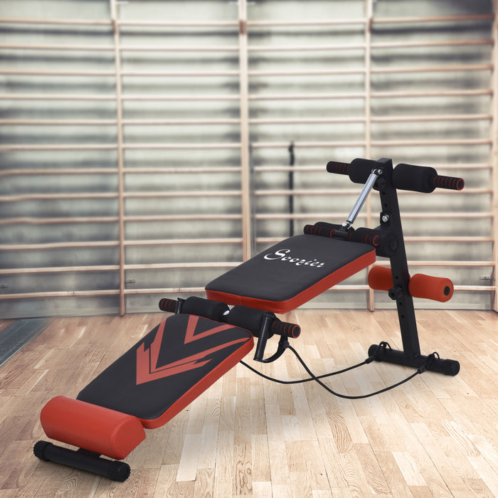 Soozier Banc De Musculation Pliable Appareil A Abdo Hauteur Reglable 2 Bandes De Resistances + Ressort Central Traction Acier Noir Rouge