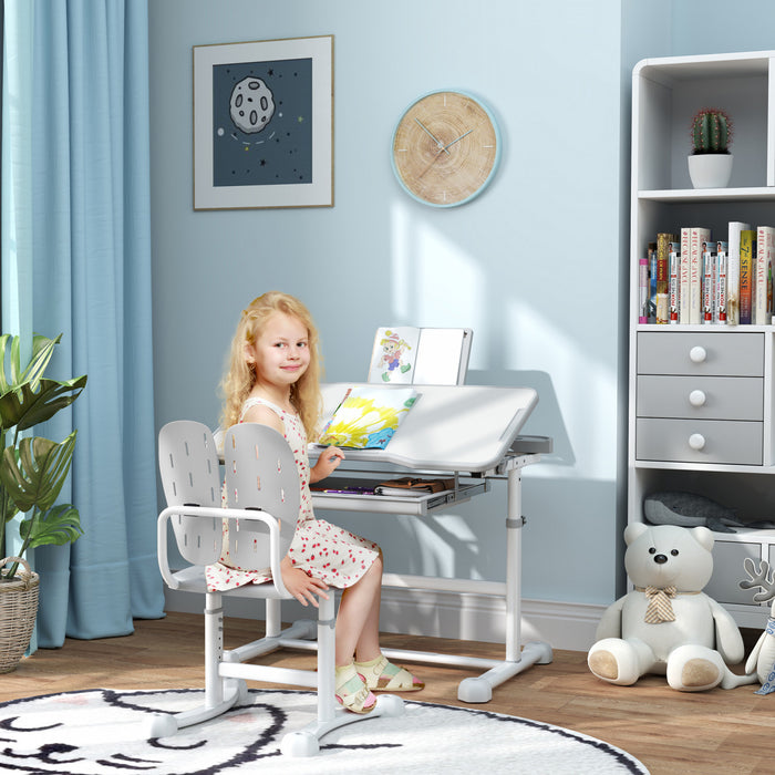 Qaba Ensemble Bureau Et Chaises Pour Enfants, Table D'etude Et Chaises Reglables En Hauteur Avec Bureau Inclinable, Grand Tableau D'ecriture, Support De Livre Pour 3 A 12 Ans, Gris