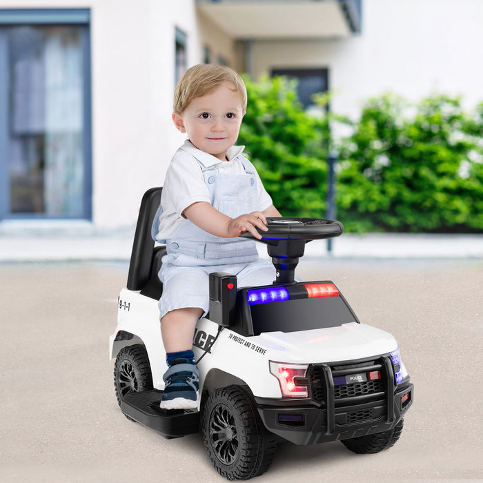 Costway 2-en-1 6v Enfants Rouler Sur La Voiture De Police Enfant Pousser Voiture W / Megaphone & Sirene Blanche
