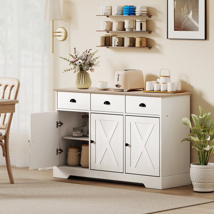 HOMCOM Buffet de 46.5\" avec 3 portes de style grange et 3 tiroirs, blanc