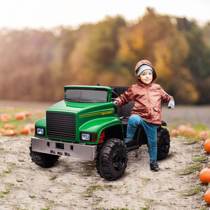 Aosom Tracteur A Deux Places Pour Enfants Avec Seau Detachable, 12v Alimente Par Batterie, Vitesses, Lumieres Musiques, Roues De Suspension, Pour 37-72 Mois, Vert
