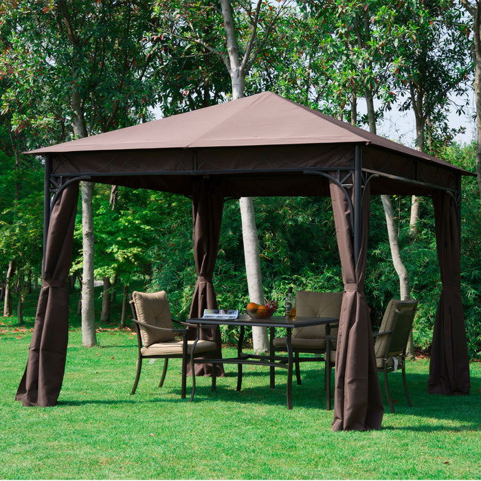 Outsunny 10x10pi Gazebo De Jardin En Acier Patio Auvent Exterieur Evenement Fete Tente Arriere Cour Abri Soleil Avec Rideau Cafe