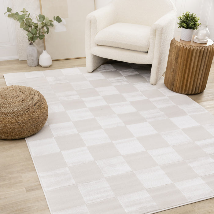 Carpette Leonardo blanche et grise à motif à carreaux - 2 pi 7 po x 4 pi 11 po