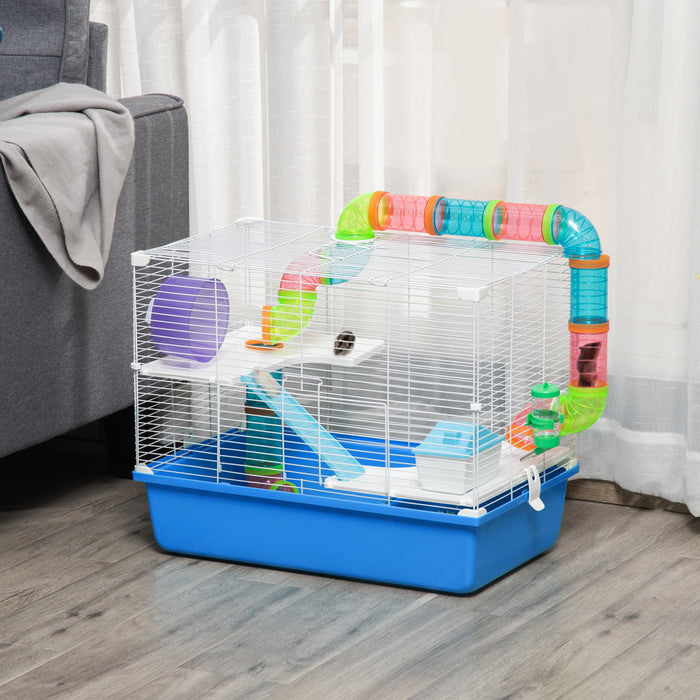 Pawhut Grande Cage Pour Hamster A 3 Niveaux Avec Tubes Et Tunnels, Poignees De Transport Portables, Avec Une Roue D'exercice, Une Bouteille D'eau, Un Plat A Nourriture, 23\" X 14\" X 18.5\", Bleu