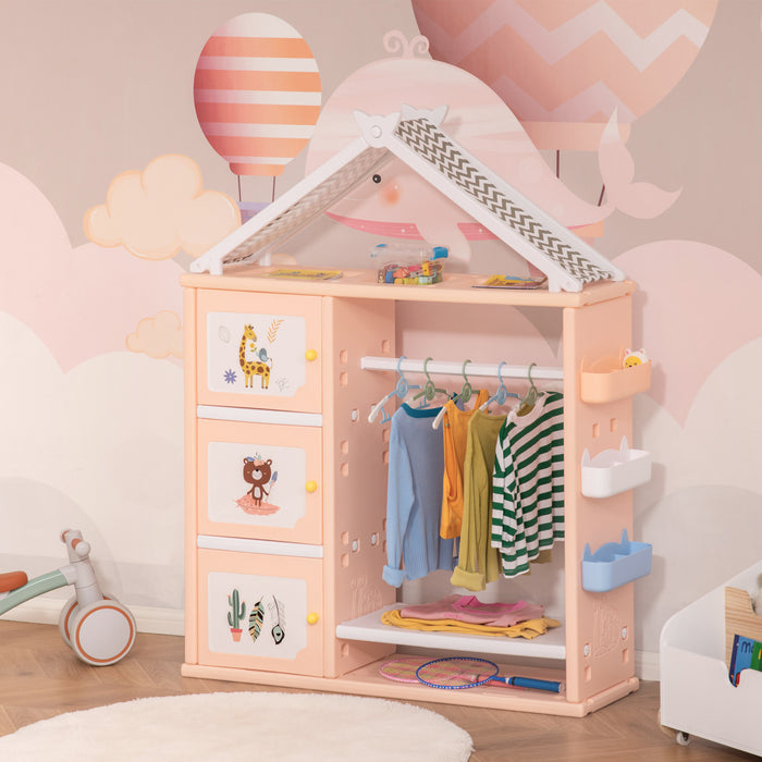 Qaba Meuble De Rangement Pour Enfants Etagere Pour Jouets Avec Cintre Placards Etagere Planche De Rangement Et Paniers De Rangement Grande Capacite Materiau Pe 50.5\" X 13.5\" X 61\" Orange