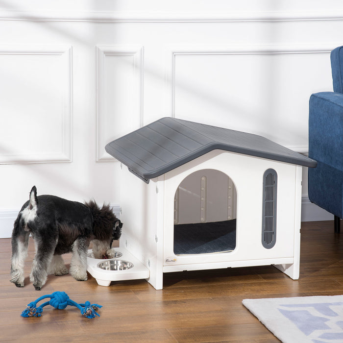 Pawhut Niche En Plastique Avec Aerations, Petite Niche Avec Ouverture De Porte, Sol Sureleve, Support De Bol, 2 Bols, Coussin Doux Lavable, Pour Chiens De Petite Taille, Blanc