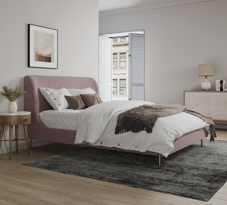 Lit Queen Heather style milieu du siecle moderne, rembourre en velours rose poudre et or