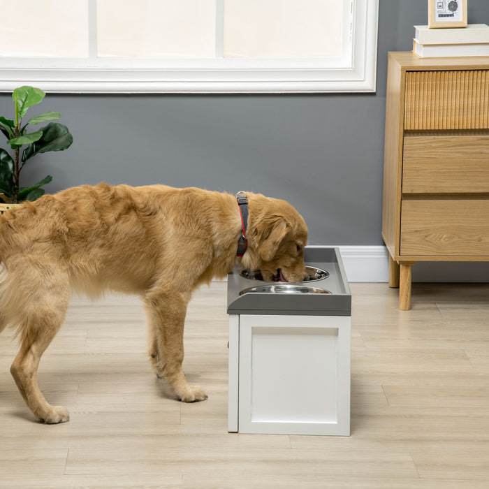 Pawhut Gamelles Surelevees Pour Grands Chiens, Station D'alimentation Surelevee Pour Animaux Avec 2 Gamelles En Acier Inoxydable, Tiroir De Rangement Cache, Support En Bois Pour Chats, Blanc