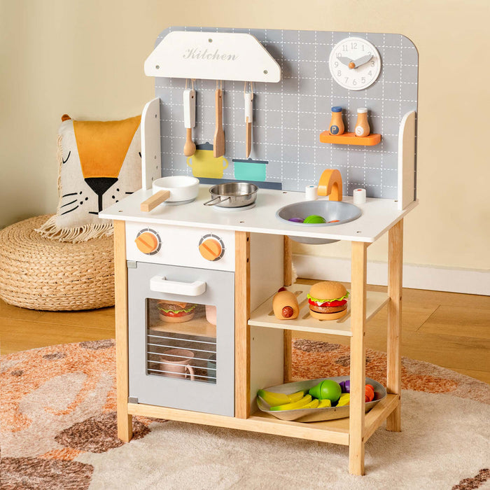 Cuisine Pour Enfants En Bois Avec Etageres De Rangement, Accessoires De Cuisine, Horloge Mignonne Et Son Realiste, Jeu De Cuisine D'imitation Pour Tout-petits, Cadeau Pour 3+ Ans