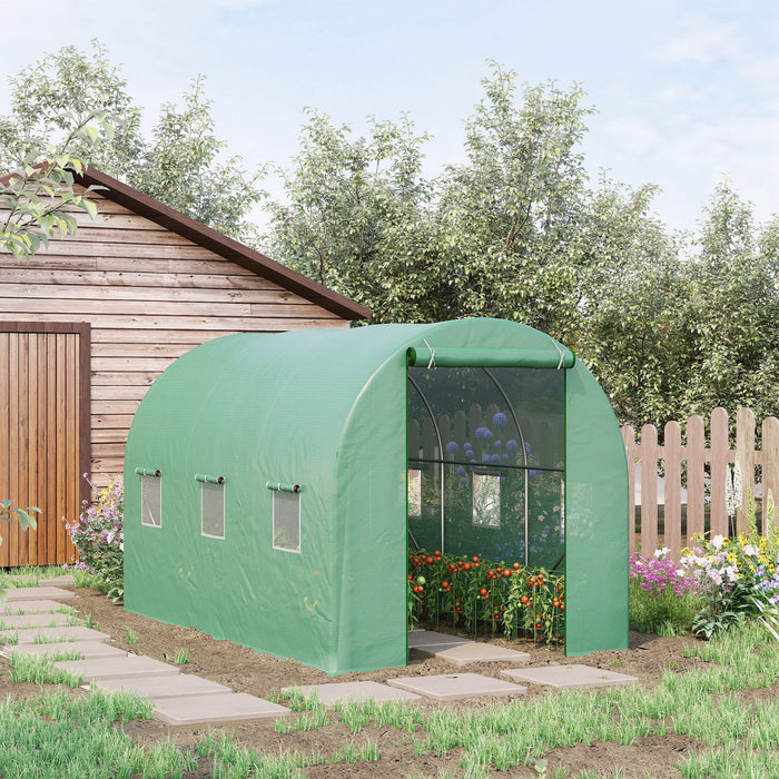 Outsunny 11.5 'x 6.6' X 6.6' Tunnel De Plain-pied Serre De Jardin Pour Plantes De Jardin Maison Chaude D'exterieur Avec Porte Enroulable, Fenetres, Couverture En Pe Vert