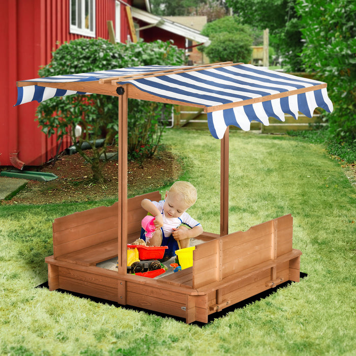 Bac A Sable En Bois Pour Enfants Avec Couvercle, Station De Jeu De Sable D'exterieur Pour Enfants Avec Banquettes Pliables, Auvent Reglable, Doublure Inferieure Pour L'exterieur