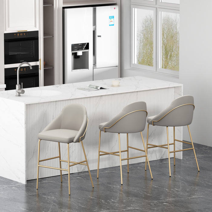 Tabouret de bar moderne en metal Gracie avec revetement en tissu, gris pierre et or - Lot de 3