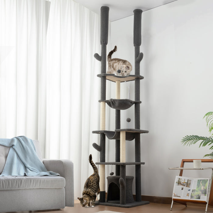 Pawhut Arbre A Chat Du Sol Au Plafond, Hauteur Reglable De 89 A 100 Po Pour Grands Chats Avec Griffoirs, Brosse De Toilettage, Abri Pour Chat, Perchoirs, Hamacs, Boules, Gris