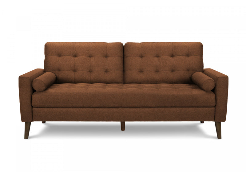 Sofa Rembourre, 75\"L, Coussins Decoratifs, Pieds En Bois Massif, Tissu Rouille, Mid-Centur