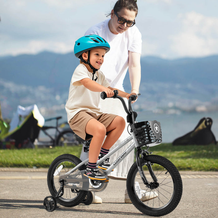 Costway 16\" Velo Pour Enfants Avec Roues D'entrainement Guidon Reglable Et Frein A Main De Siege Argent