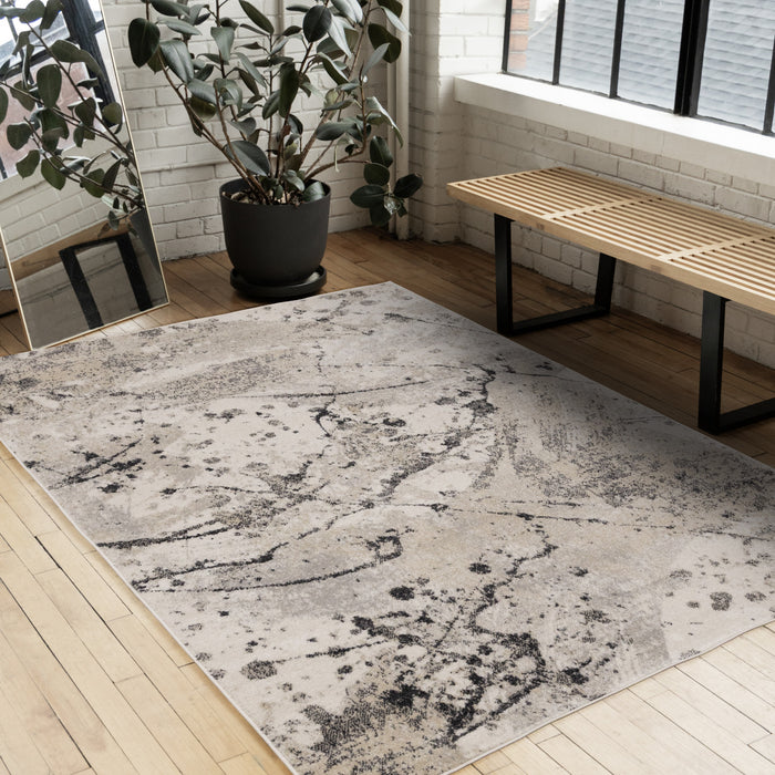 Tapis Sophie a motif d'eclaboussures de peinture grises, beiges, noires et blanches, 7'10\" x 10'6\"