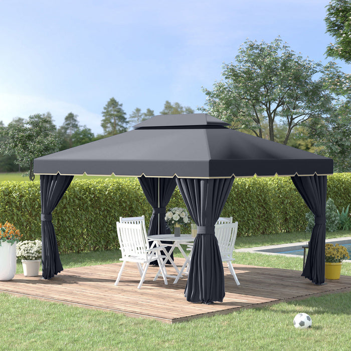 Outsunny 13' X 10' Tonnelle De Terrasse Exterieure Avec Double Toit En Polyester, Parois Laterales En Maille Ventilee Et Cadre En Aluminium Solide, Noir