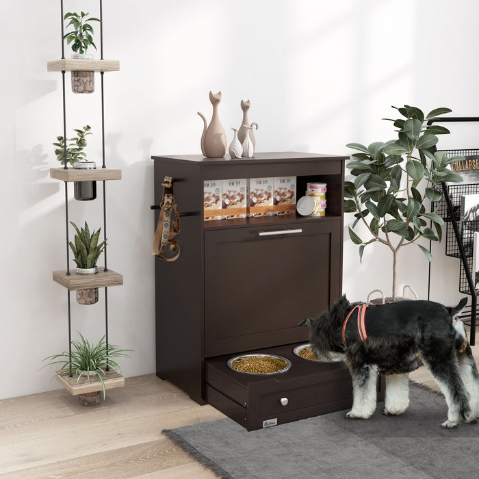 Pawhut Station D'alimentation Pour Animaux De Compagnie, Armoire De Stockage De Nourriture Pour Chiens Avec Gamelles Surelevees Et Cintre Pour Les Aliments Et L'abreuvement, Marron