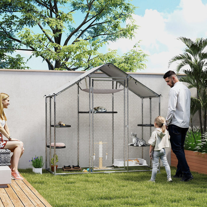 PawHut Grand Catio Enclos Exterieur pour Chats, Cage Marchable en Acier Galvanise avec Couverture Impermeable, 5 Plateformes Ajustables, Hamac, 200 x 96 x 195 cm