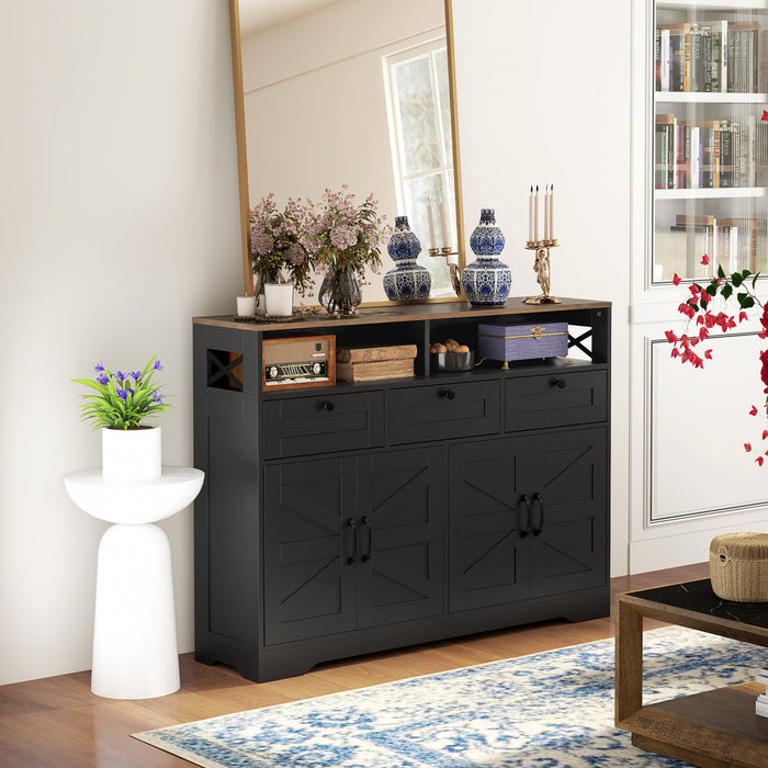 HOMCOM Buffet avec 4 portes de grange et 3 tiroirs, noir