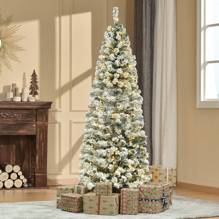 Homcom Arbre De Noel En Forme De Crayon Floque De Neige Artificielle Pre-eclaire De 6 Pieds Avec 250 Lumieres Led Blanc Chaud Et 462 Pointes De Branche