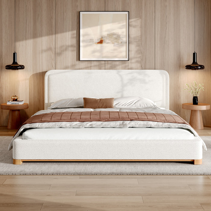 Lit plateforme Ethan a profil bas en boucle avec tete de lit courbee rembourree, taille king, blanc