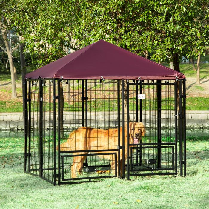 Pawhut Niche Pour Chien A L'exterieur, Cloture En Acier Soude, Parc Pour Animaux Verrouillable, Avec Toit Resistant A L'eau Et Aux Uv, Porte, Porte-bols Rotatifs, 55.5\" X 55.5\" X 60.25\"