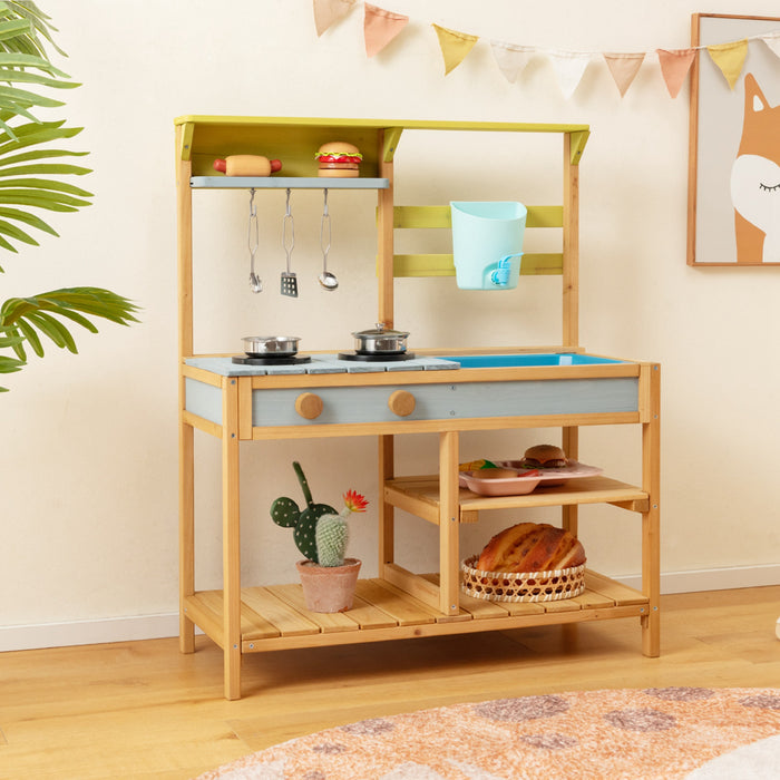 Jeu De Cuisine En Bois Pour Enfant, Cuisine Jouet Pour Enfant, Robinet Et Reservoir A Eau, Evier Amovible, 3 Crochets De Suspension, 1 Etagere Amovible, 2 Etageres Fixes, Pour Les +3 Ans