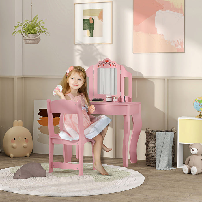 Qaba Ensemble De Coiffeuse Pour Enfants 2 Pcs Avec Miroir, Tabourets, Rose