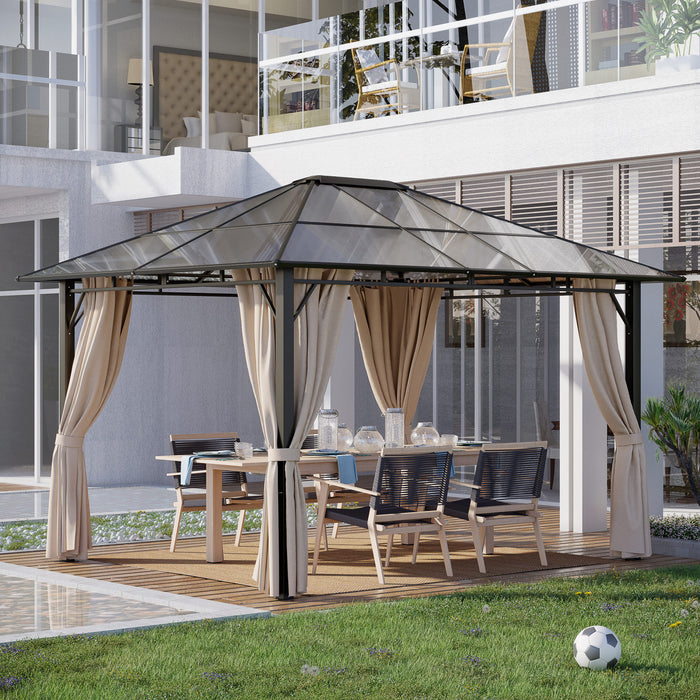 Outsunny Pavillon De Jardin Tonnelle Rigide Dim. 12'l X 9.75'l X 8.75'h Rideaux Lateraux Anti-uv Beige Acier Noir Polycarbonate