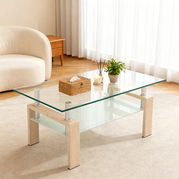 Table basse moderne rectangulaire en verre trempe transparent Liam, finition chene