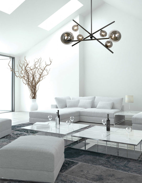 Lustre horizontal Pamela de Dainolite en verre fumé, avec fini noir mat et 6 ampoules