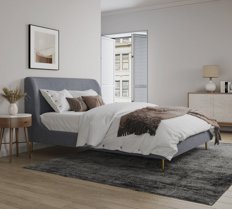 Lit Queen Heather style milieu du siecle moderne, rembourre en velours gris et or