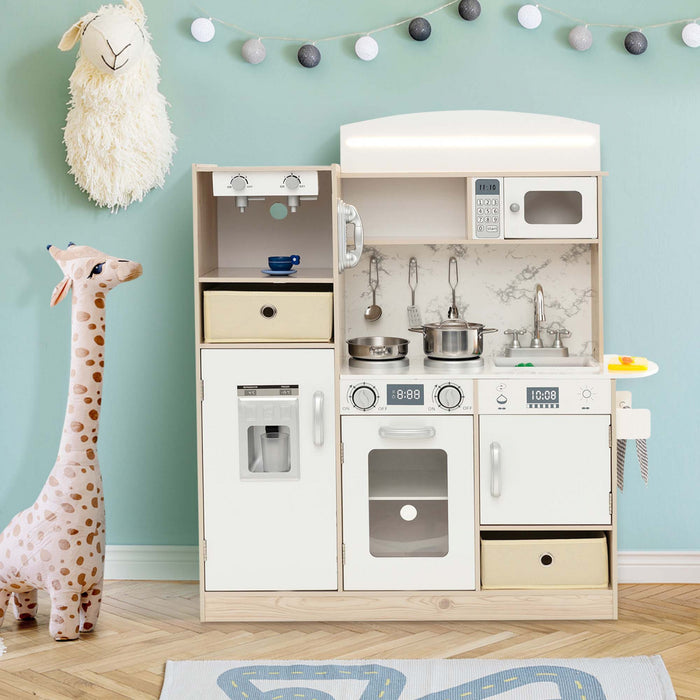 Costway Enfants Pretendre Jouer Cuisine Jouet En Bois Avec Eclairage Led Et Cafetiere