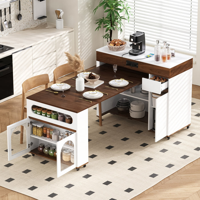 Table a manger extensible Avery avec ilot de cuisine roulant, noyer