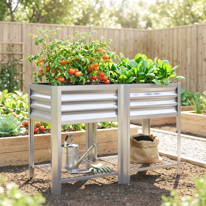 Outsunny Bac de Jardin Sureleve avec Etagere de Rangement 80 cm, Argente