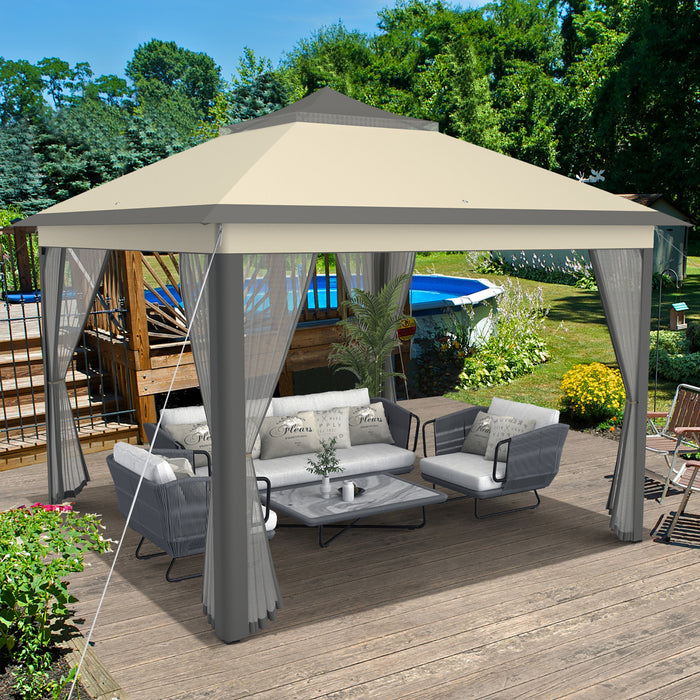 Costway 11’x11’ 2-tier Tente Pop-up Gazebo Abri A Canopy Portatif Sac De Transport Maille Brun